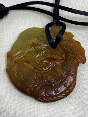 Hand Carved Stone Fish Koi Pendant Necklace Asian Green Brown Jade Style